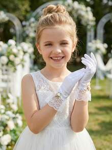 1 Pair 3-10Y Kids Satin Smooth Elastic Bow Gloves - Satin Flower Girl Gloves For Girls Pageant, Ballet Recital, Princess Birthday & Wedding, Ultra Soft - 1Pair - View 3