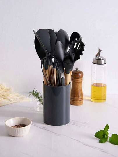 Set 12 espatulas utensilios de cocina de silicona con mango de madera