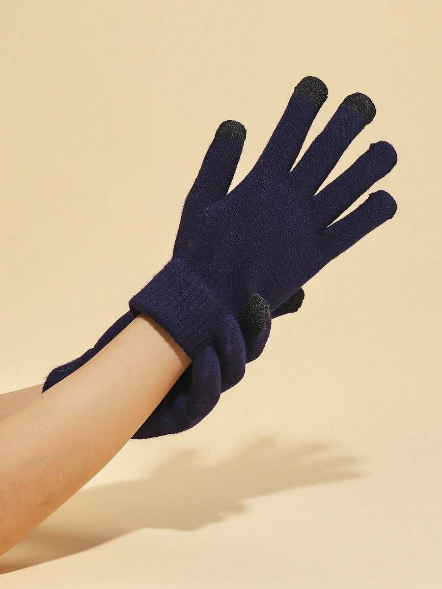 1 Pair Black Full Finger Knitted Touchscreen Gloves, Warm Thermal Lined Cold Weather Cycling Gloves - Navy - View 1
