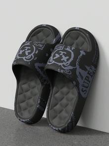 1双轻便2.5厘米厚底休闲印花拖鞋，时尚百搭情侣夏季凉鞋，男女通用透气软底家居拖鞋，适合室内、室外、沙滩、淋浴等场合。 - 黑色"vx熊" - 查看 9