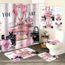 1套/4套防水浴室窗帘套装,含12个挂钩、浴室窗帘、马桶座套、防滑浴室垫、涤纶面料可水洗窗帘及其他浴室配件 - 彩色 - 查看 10