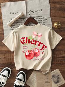 Camiseta de manga corta con cuello redondo y estampado casual para niñas preadolescentes, top de verano - Albaricoque - Ver 3