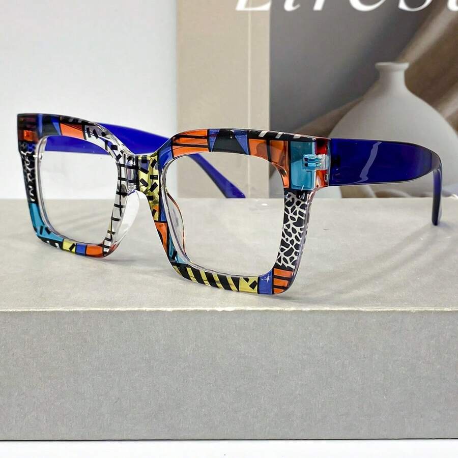 New Classic Bohemian Large-Frame Square Fashion Non-Prescription Glasses For Women And Men, High-Quality Multi-Color Block  Versatile Street Style Glasses For Women, Suitable For Daily Wear And As Decorative Eyewear - 5顏色 - 查看 1