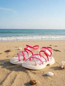 1 Pair Toddler/Kids Colorful Striped Transparent PU Decor Criss-Cross Design Flat Sandals, Roman Style Magic Tape Casual Children Shoes, Non-Slip Rubber Thick Sole, Suitable For Princess Dress, Daily, School, Party, Beach, Spring/Summer 2026 - Pink - View 2