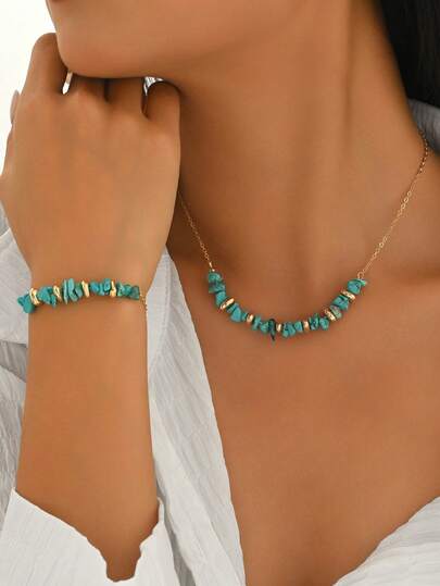 2 piezas Conjunto de joyería de collar y aretes de estilo bohemio vintage con turquesa falsa para mujeres, adecuado para uso diario, fiestas y días festivos