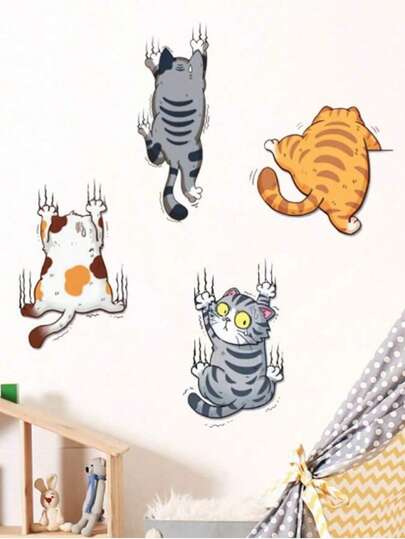4幅猫咪墙画 - 可爱卡通攀爬猫咪，非常适合卧室和浴室装饰