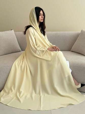 Set de 2 piezas Abaya tipo cárdigan con decoración de moño y unicolor, con pañuelo a juego, adecuado para fiestas y vacaciones