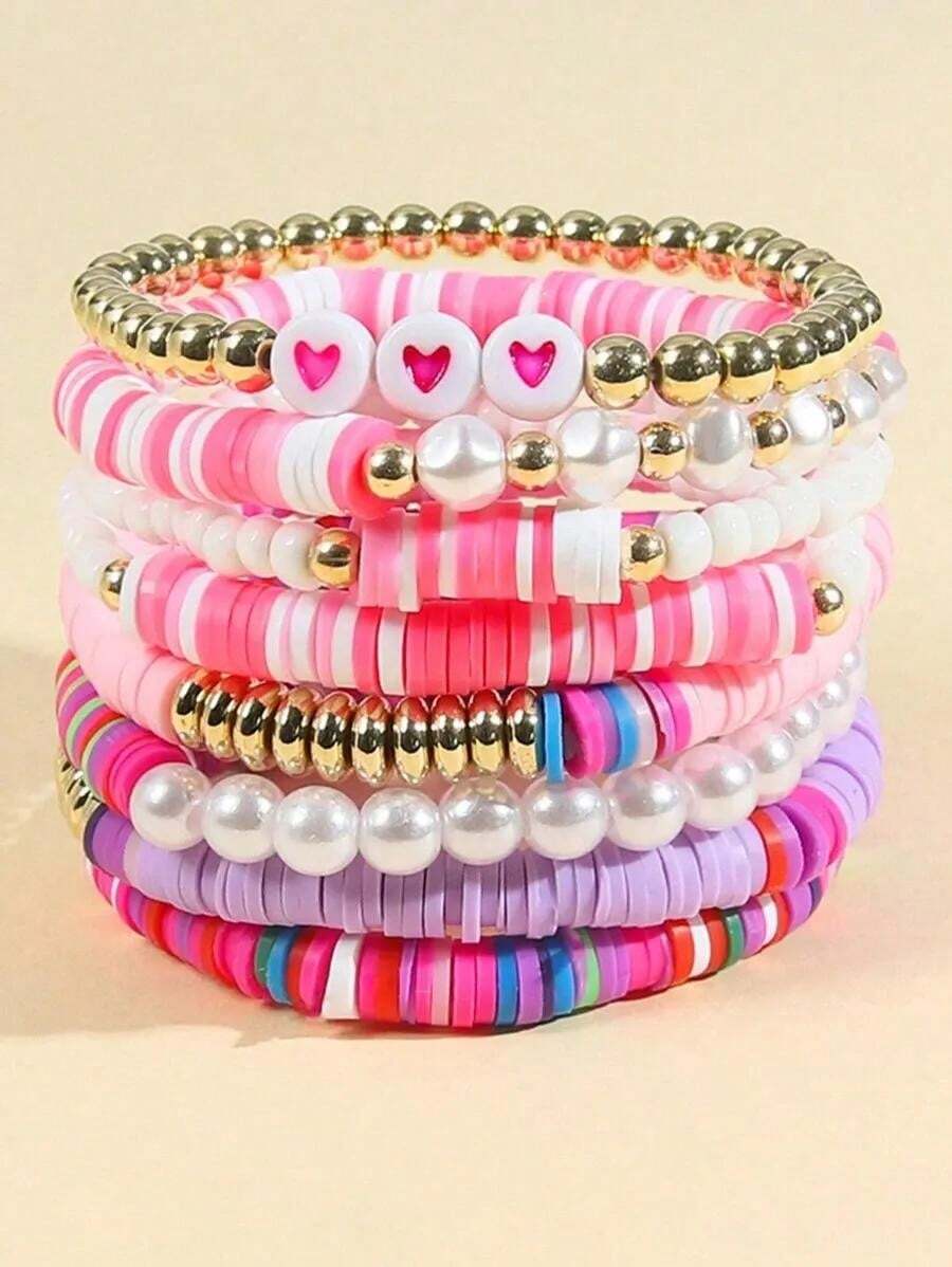 8pcs Cute Boho Girls' Bracelet - Random Colorful Heart Clay & Rainbow Faux Pearl, Stackable Elastic Design,  Accessory For Daily Matching & Gift Giving - 彩色 - 查看 1