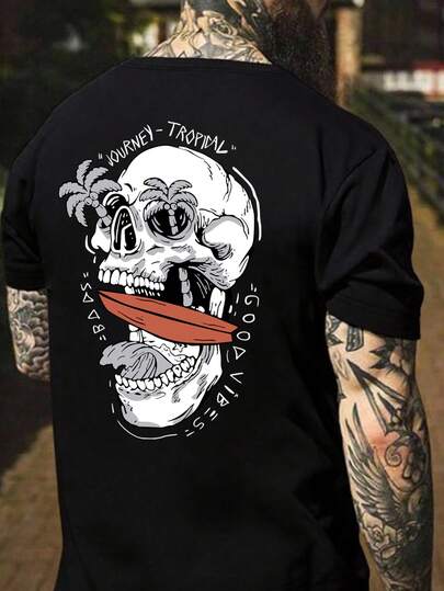 Plus Size Men's Casual Letter & Skull Print Round Neck Short Sleeve T-Shirt, Summer