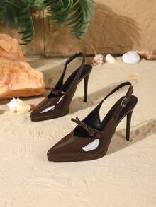 Tacones altos de punta fina de 10,5 cm para mujer, elegantes tacones de aguja con correa trasera, fáciles de poner, material de PU con efecto espejo, con acento de lazo, color marrón, cómodos y versátiles para uso diario, fiestas, vacaciones y citas - Marrón - Ver 5