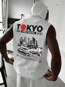 1件男士无袖印花连帽休闲运动背心，夏季 - 白色 - 查看 1