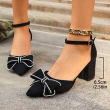 Chaussures à talons hauts avec nœud papillon, couleur unie, bout pointu, talon épais, bout ouvert. Chaussures à talons hauts pour femmes, convenant pour les fêtes et les banquets - Arc noir - Voir 2