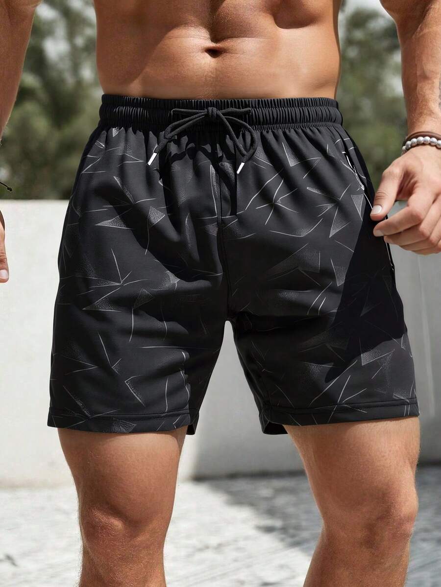 男士休闲抽绳短裤，线条印花，透气运动街头风，适合春夏日常通勤 - 黑色 - 查看 1