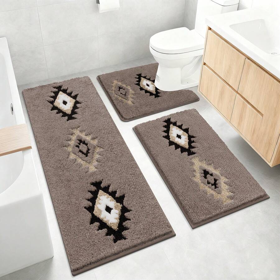 Pauwer 3 Piece Bathroom Rug Mat Set, Microfiber Shaggy Bath Mat Set, Non-Slip Ultra Soft Carpet Mats, Absorbent Bathroom Mat Set With U-Shaped Toilet Mat For Bathroom, Tub, Shower - Nâu Boho - Xem 1