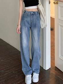 Women's High Waist Adjustable Side Button Washed Casual Straight Leg Jeans - Blue - View 1