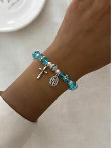 1pc Fashion Crystal Cross & Virgin Mary Pendant Bracelet, Suitable For Women Everyday & Holiday Wear - Mint Blue - View 1