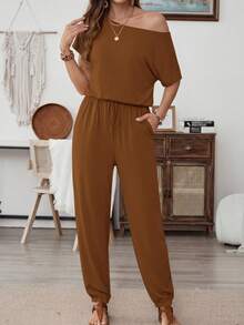 Women's Loose Solid Off Shoulder Elastic Waist Stretchy Long Romper Jumpsuit - 棕色 - 查看 1