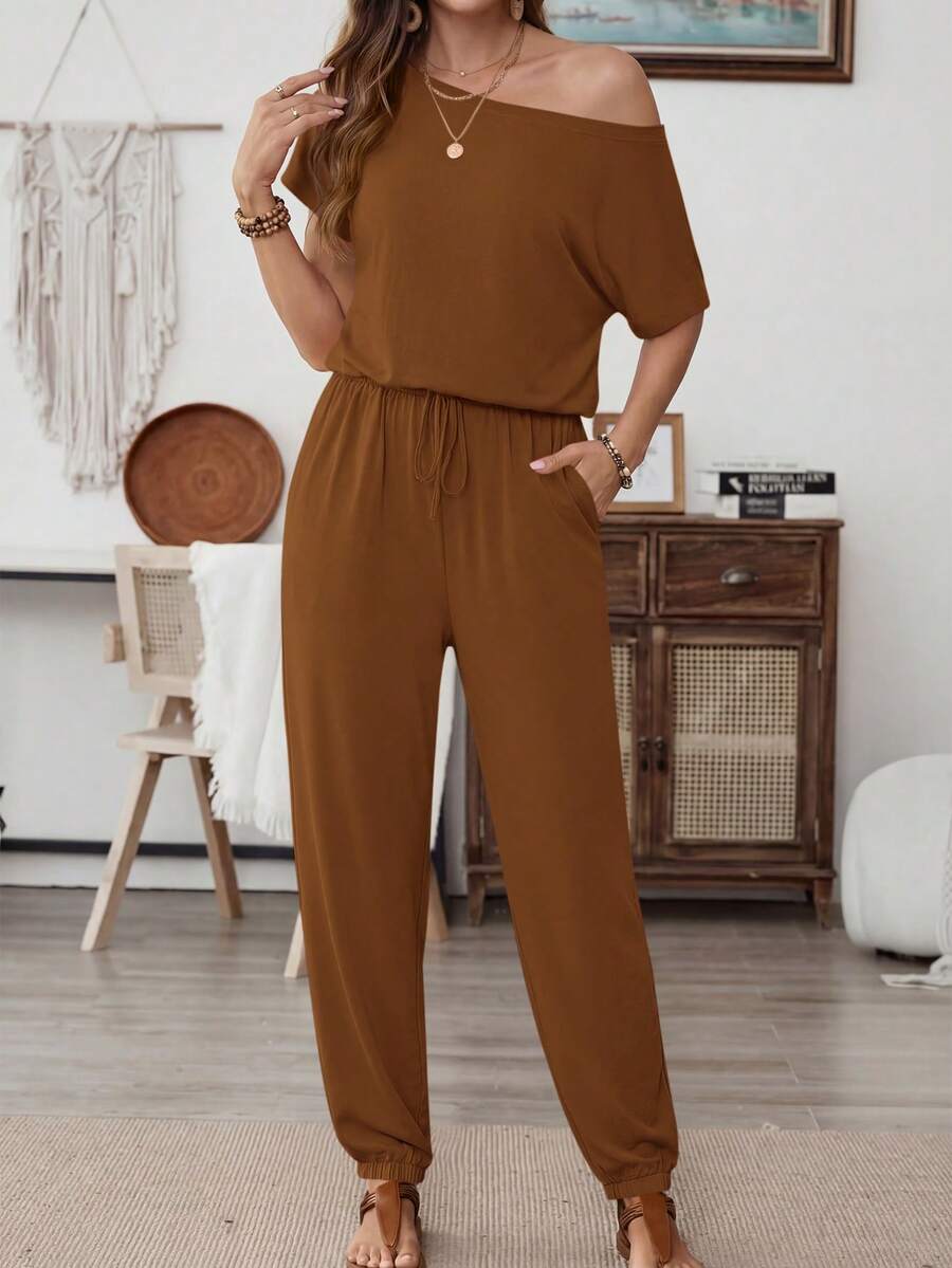 Women's Loose Solid Off Shoulder Elastic Waist Stretchy Long Romper Jumpsuit - 棕色 - 查看 1