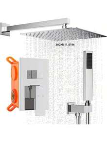 12-Inch Recessed Dual Function Chrome Plated Shower System With Rainfall Shower Head And Handheld Shower Head, Pre-Installed Valve For Bathroom - Electroplating Color - View 13