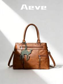 1件女士纯色复古棕色手提包，大容量托特包，带多个拉链口袋，商务旅行包，新款夏季PU双提手休闲单肩包，缝线防盗斜挎包 - 棕色 - 查看 10