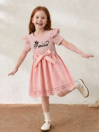 Girls' Cartoon Printed Dress, Cute Puppy & Bowknot Decorated Waist Belt, Round Neck Short Sleeve, Hollow Out Design