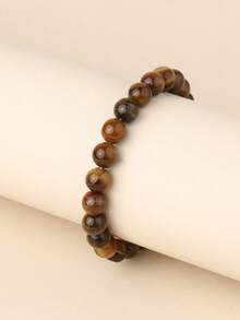 1pc Tiger Eye Beaded Bracelet, Natural Stone Round Bead Handmade Yoga Energy Bracelet, Fashion Casual Jewelry Gift - Brown - View 4