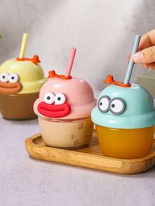 210毫升可爱卡通吸管杯，带盖和吸管 | 玻璃材质，可重复使用，香肠嘴造型，眼睛图案，适合盛装冷热饮品，如咖啡、葡萄酒、果汁、奶昔、珍珠奶茶等，生日礼物，极具美感，派对饮具，情人节礼物，新年礼物，精致创意礼品，斋月礼物 - 彩色 - 查看 5