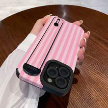 1个简约粉色条纹竖纹皮革质感防震保护手机壳，带腕带，适合作为节日礼物，兼容 Xs/Xs Max/Xr/11/12/13/14/14 Plus/15/15 Plus/16/16 Plus/17/17 Pro Max - 多色 - 查看 4