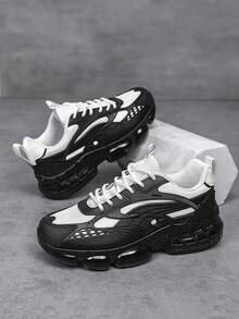 2026新款女式休闲运动鞋，加厚鞋底，增高耐磨，低帮圆头系带针织网面透气排汗防臭，男女通用，黑白拼接，户外运动舒适情侣款，加厚鞋底减震软底，简约舒适男女通用运动鞋 - 黑與白 - 查看 7