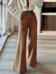 Nouveau style européen et américain automne/hiver Jeans en denim délavé à jambes larges, mode décontractée, taille élastique pour femmes, printemps - Taupe - Voir 2