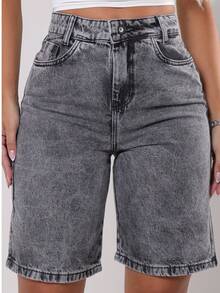 Women's Jorts Black Denim Bermuda Shorts, 100% Cotton, High Waist, No Lycra, Mid-Thigh Length, Marbled, Cycling Style, Boho Style, Casual, Sexy, Cute, Cotton, Zipper, Pocket, Button, Women's Denim Clothing, Nightwear, Holidays, Vacation, Daily Wear, Home Wear, ALL - 黑色石墨 Lisa 060-D - 查看 9