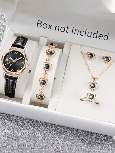 סט שעוני יד אופנתי לנשים עם חוגה בצורת לב מינימליסטי, רצועת עור