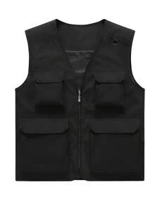 男士多口袋可拆卸后背背心，V领摄影钓鱼夹克外套，团队工作服，四季皆宜 - 黑色 - 查看 2