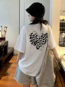 Women's Casual Round Neck Loose Fit Heart & Leopard Print Letter Graphic Short Sleeve T-Shirt, Spring/Summer - White - View 1