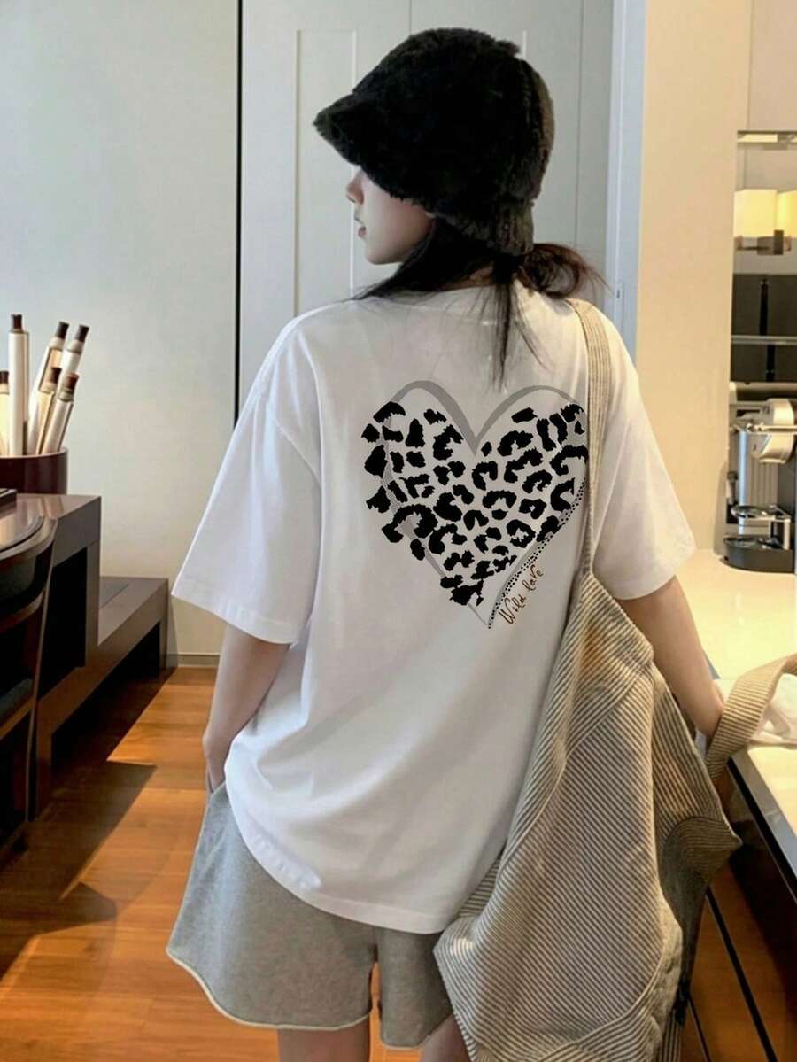 Women's Casual Round Neck Loose Fit Heart & Leopard Print Letter Graphic Short Sleeve T-Shirt, Spring/Summer - White - View 1
