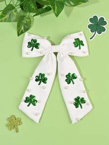 2pcs St. Patrick's Day Hair Bows For Girls Green Glitter Clover Pearl Alligator Clips Shamrock Print Bow Hair Clips Girls Festive Barrettes Lucky Clover Hairpins Teens Hair Accessories - Multicolor - View 12