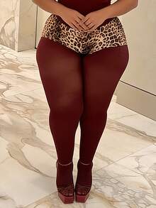 Plus Size Women's Wine Red Tights - High Density Opaque Leggings, Vintage Elegant Suitable For Holidays And Formal Wear - Burgundy - View 7