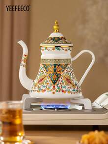 yeefeeco 1个珐琅茶壶/咖啡壶，花卉图案，手绘茶壶，1.2升大容量，带把手，窄口，可用作油壶、煮水壶、家用煮水壶、茶壶，适用于电炉和燃气灶，可用于冲泡咖啡或茶。 - 俄羅斯花卉茶壺 - 查看 7