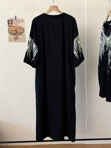 Shiny Black Plus Size Women's Midi Dress - Geometric Rhinestone Pattern Short Sleeve Loose Fit With Pockets Casual Summer Party Wear Fashionable Relaxed Style Polyester Fabric Plus Size Dress - 黑色 - 查看 4