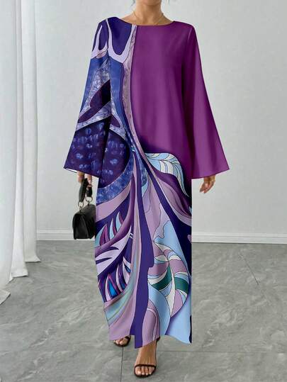 1 pieza Vestido largo de mujer con estampado floral y bloques de color, vestido holgado elegante y casual para vacaciones, estilo árabe tradicional abaya, vestido de noche formal para Eid en primavera