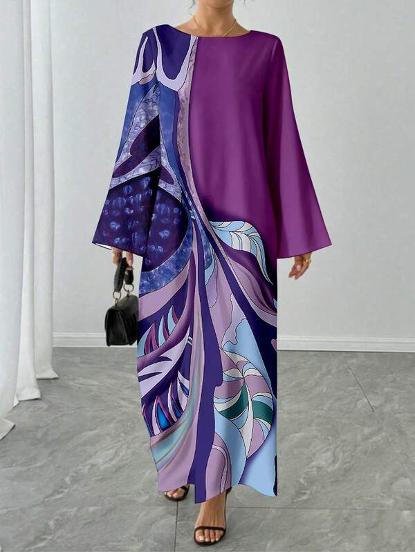 1 pieza Vestido largo recto de manga larga acampanada con cuello redondo y estampado completo en contraste de color morado, ropa de lujo para resort de otoño/invierno, vestido largo casual suelto y elegante para vacaciones, vestido árabe tradicional, vestido de fiesta
