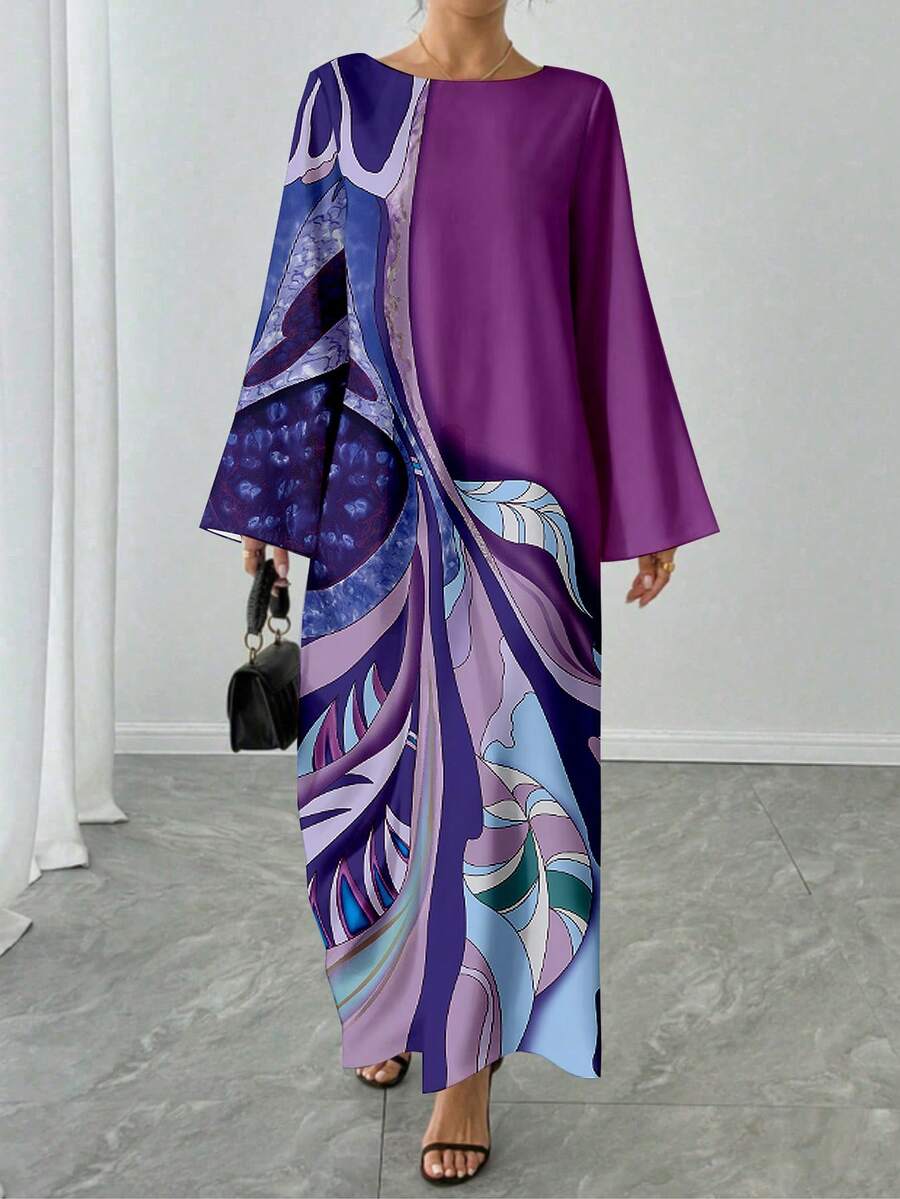 1件女款長袖花卉印花拼接色長洋裝，寬鬆優雅休閒度假禮服，假日派對正式洋裝，適合秋季 - 紫色 - 查看 1