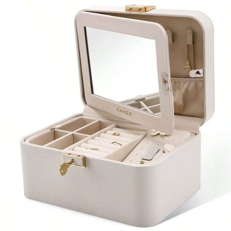 Jewelry Box, 2 Layers PU Leather Jewelry Organizer Box, Large Capacity, Double Lock And Large Mirror, Hidden Necklace Hooks, Removable Dividers, Gift Box Packaging, Grey - Gray - View 1