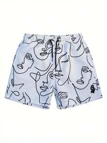 Men's 2pcs Set Abstract Face Line Art Print Sketch Short Sleeve Shirt, Summer Streetwear Fashion Graffiti Style - White - View 4