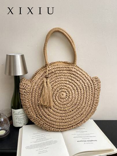 Women's Straw Handbag, Tassel-Decorated Vacation Beach Bag, Casual Crocheted Shoulder Bag