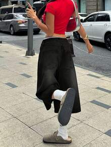 少女潮流黑色破洞宽松阔腿牛仔七分裤，街头风 - 黑色 - 查看 3