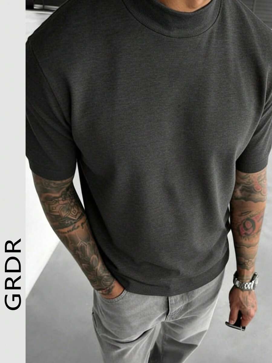 GRDR Men's Fashionable Casual Comfortable Short Sleeve Top - Minimalist Style Half-Turtleneck T-Shirt - Dark Grey - View 1