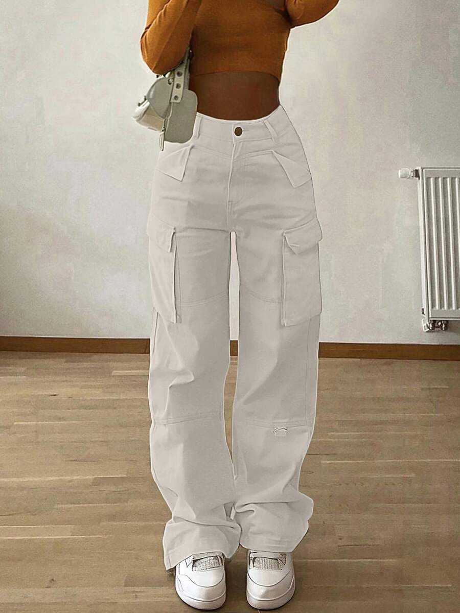 白色弹力腰带口袋时尚复古Y2K休闲可爱阔腿工作裤。舒适百搭，适合机场穿搭、返校、毕业典礼、外出、运动、教师节、俱乐部、生日派对、万圣节、新年、感恩节、音乐会、健身房、度假、商务、街头服饰，春、夏、秋、冬皆宜。