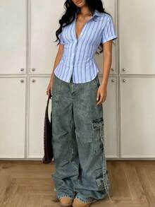 1pc Striped Woven Fabric Button-Up Shirt, Suitable For Everyday Wear, All Seasons - Blue - View 5