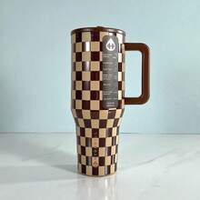 HYDRO JUG Cherry, Western Cowboy, Black And White Checkered Patterns Of Double Wall Insulated Stainless Stee With Straw 32oz/40oz Cup. Water Bottle. Flip-Straw, 24 Hours Cold, Completely Leak-Proof. Suitable For Water, Iced Tea Or Coffee, Ice Drinks , Hot Drinks, Juice. Suitable For Camping, Work, Indoor Use. Halloween Gifts, Christmas Gifts, Giving Gifts. - Màu nâu kẻ caro - 40oz - Xem 1